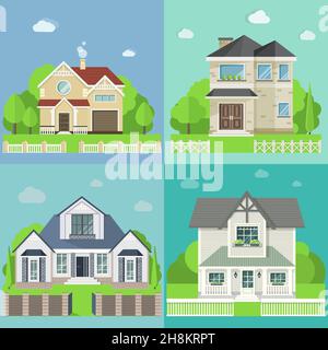 set di quattro case carine con alberi. Design piatto vettoriale Illustrazione Vettoriale