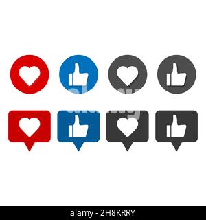 Pollice su e giù, segni di cuore su icone colorate rotonde flat vettoriali. Set di pulsanti simili Illustrazione Vettoriale