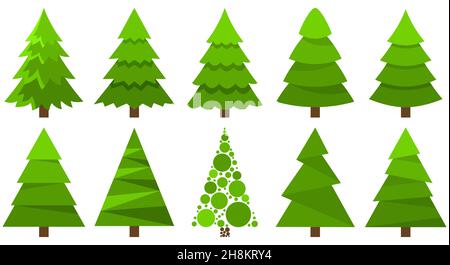 Alberi di Natale isolati su sfondo bianco. Alberi di nuovo anno. Illustrazione vettoriale di stile piatto. Illustrazione Vettoriale