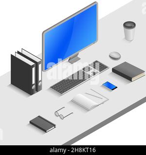 Lavoro, ufficio, scrivania con computer portatile e documenti, blocco note, piegatrice e caffettiera, 3d isometrico Illustrazione Vettoriale
