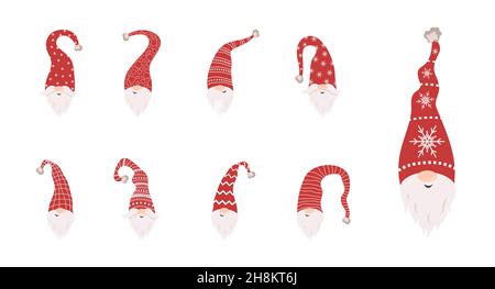 Simpatico gnomes volti in babbo natale cappelli su sfondo bianco. Elfi di natale scandinavi. Illustrazione vettoriale in stile cartoon piatto. Design Nordic Element Illustrazione Vettoriale