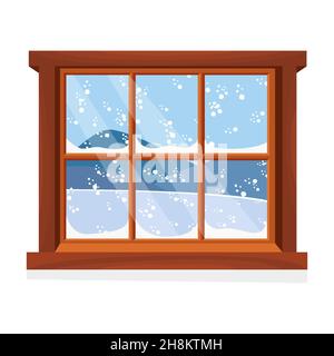 Finestra con vista sul paesaggio invernale. Stile cartoon flat. Illustrazione vettoriale. Illustrazione Vettoriale