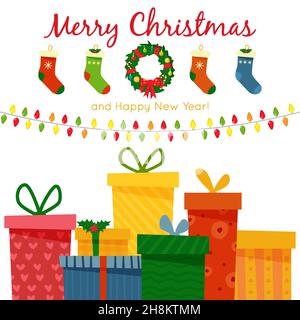 Set di Natale con oggetti decorativi invernali - giocattoli, scatole regalo, palle, ghirlande, calze, corona, alberi di natale isolati su sfondo bianco. Cartoon piatto Illustrazione Vettoriale