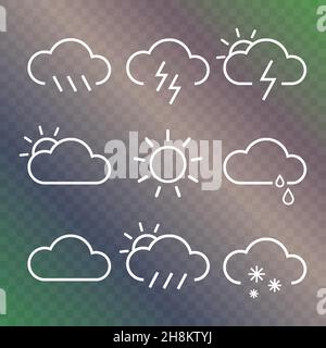 le icone meteo si tramontano, la nube di segno con sole e fulmini. Design piatto vettoriale. Illustrazione Vettoriale