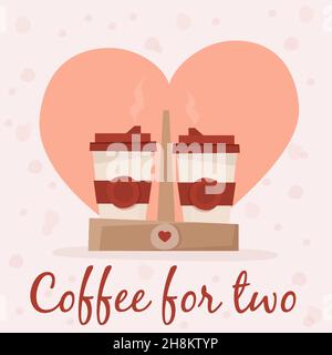 Due tazze di caffè nel supporto sullo sfondo del cuore. Illustrazione vettoriale in stile cartoon piatto. Illustrazione Vettoriale