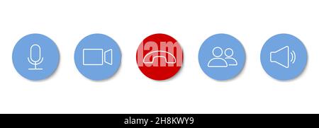 Set di icone videochiamate. Videoconferenza. Raccolta di pulsanti di app di chat video on-line, internet talk, tecnologia di chiamata. Modello di visualizzazione dell'interfaccia utente dell'applicazione Web. Illustrazione Vettoriale
