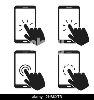 Icona dello smartphone con schermo a sfioramento manuale. Schermo dello smartphone con un dito che fa clic su di esso. Vettore icona cursore. Vettore puntatore manuale Illustrazione Vettoriale