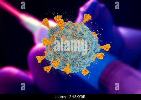 Vaccino COVID-19 virus SARS-COV-2 OMICRON ceppo coronavirus con il concetto di base del vaccino, covid-19 B.1.1.529 omicron 3d rendering Foto Stock