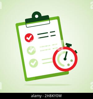 Servizio veloce. Cronometro con checklist e attività completate isolato su sfondo blu. Vettore Illustrazione Vettoriale