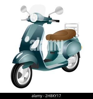 Vector blue retro scooter, vista laterale in stile piatto. Ciclomotore per la consegna, scooter per il turismo. Trasporto urbano economico ed ecologico. Vettore Illustrazione Vettoriale
