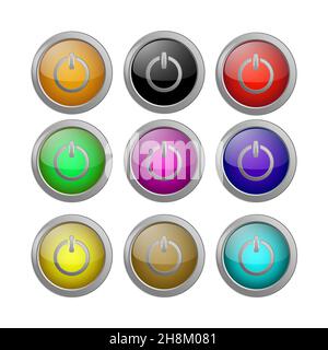 Pulsanti di accensione spenti colori diversi, imposta icone del volume, vettore Illustrazione Vettoriale