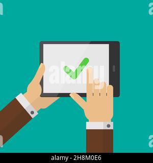 Segno di spunta sullo schermo del tablet. Tenere premuto il tablet con il segno di spunta e toccare lo schermo con le dita Illustrazione Vettoriale