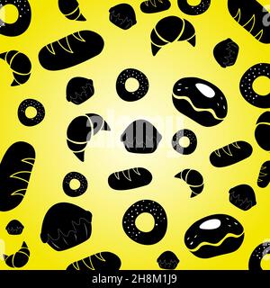 Sfondo senza cuciture con vari dolci dolci su sfondo giallo. Illustrazione Vettoriale