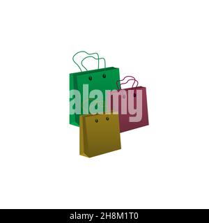 Sacchetti di carta per la spesa in tre colori, 3D, illustrazione vettoriale. Illustrazione Vettoriale