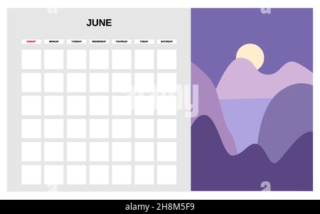 Calendario Planner mese estivo di giugno. Minimo astratto paesaggio contemporaneo sfondo naturale. Modello mensile per attività di agenda. Vettore isolato Illustrazione Vettoriale