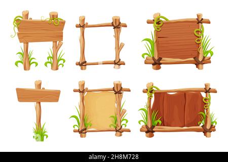 Set cornici da bastoni, tavole di legno decorate con erba e liana, pergamena in stile fumetto isolato su sfondo bianco. Confine, giungla pa Illustrazione Vettoriale