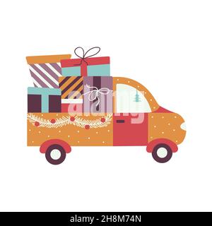 Camion natalizio con regali per Natale e Capodanno. Consegna dei regali. Auto per le vacanze. Disegno vettoriale colorato disegnato a mano isolato Illustrazione Vettoriale