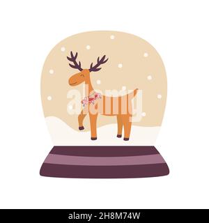 Palla di vetro con cervo di Natale con campane rosse sul collo. Buon natale, animale divertente. Buon spirito di Capodanno. Disegno a mano vettoriale colorato Illustrazione Vettoriale