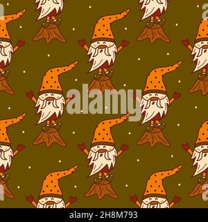 Modello senza giunture carino gnome di Natale si erge su un ceppo di albero e canta una canzone. Nevicando. Carta disegnata a mano con disegno vettoriale colorato. Verde bac Illustrazione Vettoriale