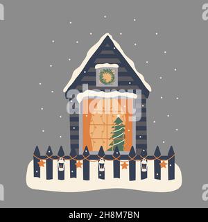 Casa d'inverno. Albero di Natale nella finestra, ghirlande incandescenti. Recinzione è decorata con lanterne e stelle, nevicando. La vigilia di Natale o la vigilia di Capodanno. Cel Illustrazione Vettoriale