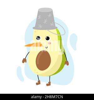 Divertente personaggio avocado. Mascotte invernale in costume da uomo di neve. Carino cartone animato frutta o bacche. Clipart luminose per il biglietto di auguri di Natale o Capodanno Illustrazione Vettoriale