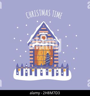 Casa d'inverno. Albero di Natale nella finestra, ghirlande incandescenti. Recinzione è decorata con lanterne e stelle, nevicando. Testo dell'ora di Natale. Celebrazione. C Illustrazione Vettoriale