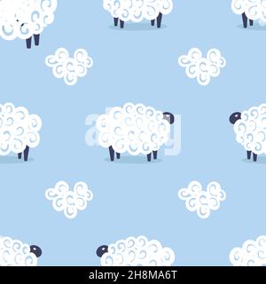 Cute pecora vettore senza soluzione di continuità modello bambini sogni dolce illustrazione su sfondo blu. Sfondo dell'acquazzone del bambino. Bambino che disegna la pecora bianca di stile piatta. Design per bambini per tessuti e decorazioni. Illustrazione Vettoriale