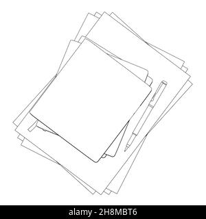 Contorno di una pila di libri con carta e una penna da linee nere isolate su sfondo bianco. Illustrazione vettoriale. Illustrazione Vettoriale