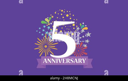 banner per 5 anni con confezione regalo open burst. Modello celebrazione del primo compleanno e testo astratto su illustrazione di sfondo viola Illustrazione Vettoriale