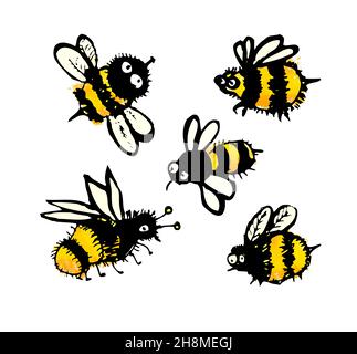 Set di simpatico bees. Bambino disegno . Illustrazione vettoriale Illustrazione Vettoriale