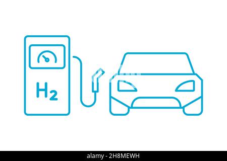 Macchina a celle a combustibile all'icona della linea della stazione di rifornimento di idrogeno. Pompa benzina H2. Carica della cella a combustibile del veicolo. Fonti di energia pulita sostenibile. Vettore, piatto. Illustrazione Vettoriale