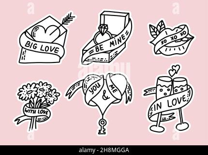 Adesivi vettoriali per il giorno di San Valentino. Elementi vettoriali disegnati a mano per matrimoni, San Valentino, stampe d'amore Illustrazione Vettoriale
