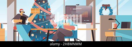la gente in cappelli di santa che tiene i businesspeople dei regali che celebrano la festa corporativa nuovo anno festeggiamenti di natale Illustrazione Vettoriale