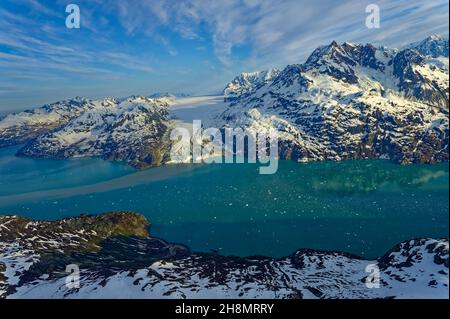 Ingresso a Johns Hopkins Inlet, Lamplugh Glacier e Brady Icefield sullo sfondo, Fairweather Range sulla destra, West Arm, Glacier Bay Foto Stock