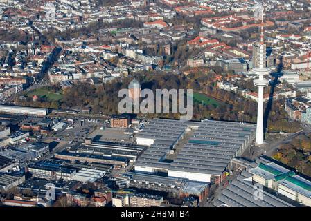 Germania, Amburgo, fiera, centro di vaccinazione, torre televisiva, vista aerea Foto Stock