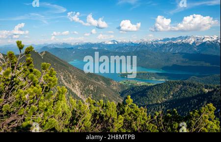 Vista panoramica di montagna con Walchensee e Karwendel montagne, passeggiata cresta Herzogstand Heimgarten, alta Baviera, Baviera, Germania Foto Stock