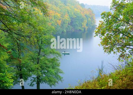 Luzin stretto in autunno con pescatore, lago, Feldberger Seenlandschaft, Meclemburgo-Pomerania occidentale, Germania Foto Stock