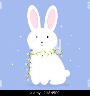 Un coniglio d'inverno carino fumetto con ghirlanda Illustrazione Vettoriale