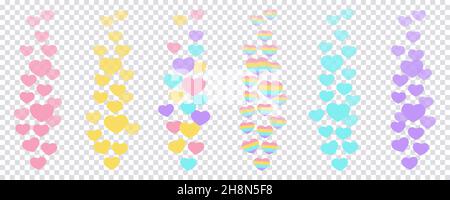 Un insieme di mi piace nel live stream è un cuore icona volante. Il contatore utenti mi piace per i video online. Cuori multicolore in un elegante colore pastello Illustrazione Vettoriale