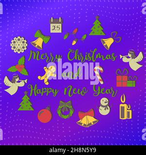 Buon Natale e buon anno biglietto di auguri con lettere e sfondo blu gradiente Illustrazione Vettoriale