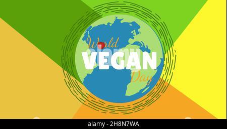 Immagine composita digitale del testo del giorno vegano mondiale su piastra su sfondo colorato astratto Foto Stock