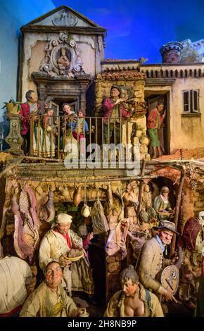 Colnaghi Gallery, Londra, Regno Unito. 1° dicembre 2021. Colnaghi ha una mostra che esplora l'influenza di Napoli e i più grandi antichi Maestri, di cui il fulcro è un magnifico napoletano del XVIII secolo, o presepe, un'elaborata scena natività. Con le sue figure scolpite e dipinte su larga scala, gli animali e gli elementi di natura morta, questa notevole opera è mostrata nella propria sala in galleria. Credit: Malcolm Park/Alamy Live News. Foto Stock