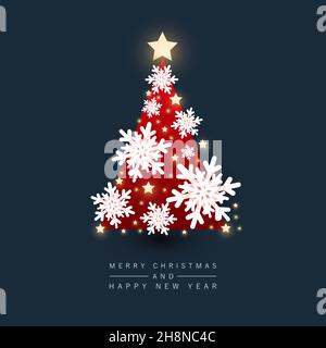 2022 buon Natale e buon anno carta banner vacanza. Albero invernale di Natale con sfondo fiocco di neve colorato. Illustrazione Vettoriale