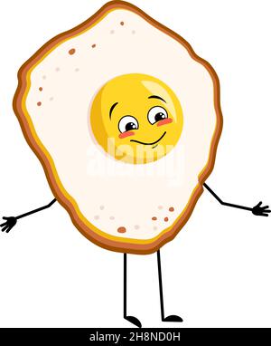 Cute personaggio uova strapazzate con tuorli e proteine, con gioie emozioni, viso felice, sorriso, occhi, braccia e gambe. Cibo divertente per la colazione. Illustrazione piatta vettoriale Illustrazione Vettoriale