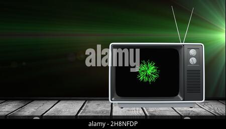 Immagine di TV retro con natale verde e fuochi d'artificio di Capodanno esplodere sullo schermo Foto Stock