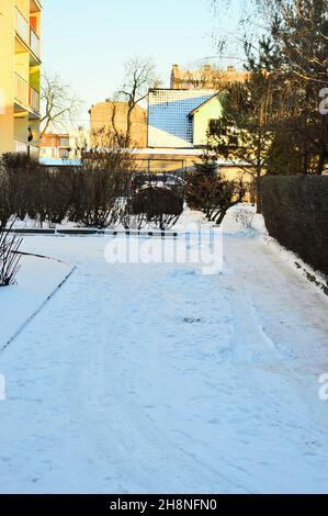 Street in the city covered with snow in winter, traces in the snow. Winter. Foto Stock