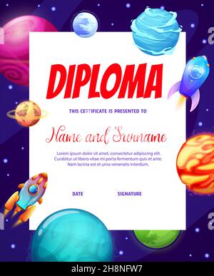 Bambini diploma cartoon astronavi e navicella spaziale, ghiaccio e pianeti spazio caldo in galassia. Modello vettoriale certificato scuola di istruzione con razzi fantasy Illustrazione Vettoriale