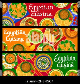 Striscioni di cucina egiziana, piatti arabi e pasti, vettore. Ristorante di cucina egiziana, pranzo e cena con couscous con agnello, riso shurba sou Illustrazione Vettoriale