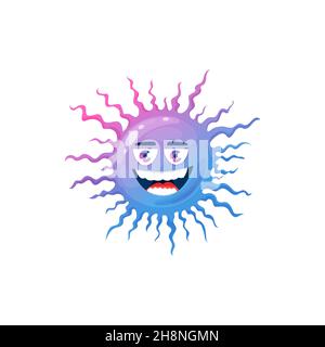 Icona del vettore cellulare del virus del cartone animato, batteri furry o carattere germinale con il volto sorridente toothy. Covid pathogen microbo mostro con grandi occhi aperti, iso Illustrazione Vettoriale
