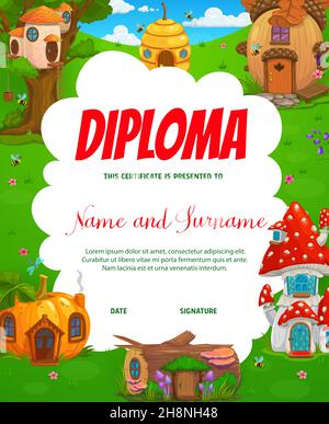 Kids diploma verticale con alveare cartone animato, funghi e zucca, fata e acorno case o abitazioni. Asilo bambini diploma vettore certificato Illustrazione Vettoriale